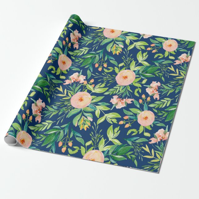 Pastell apelsin & rosa vårblommor mönster presentpapper (Utrullad)