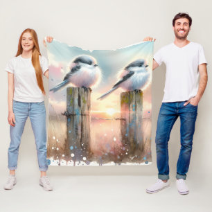 Pastell Aquarell Fåglar Staketstolpe Solnedgång Fleecefilt