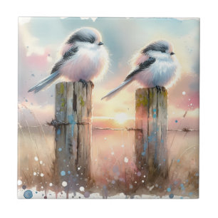 Pastell Aquarell Fåglar Staketstolpe Solnedgång Kakelplatta