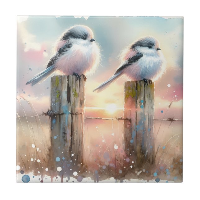 Pastell Aquarell Fåglar Staketstolpe Solnedgång Kakelplatta (Framsidan)