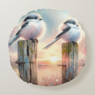 Pastell Aquarell Fåglar Staketstolpe Solnedgång Rund Kudde