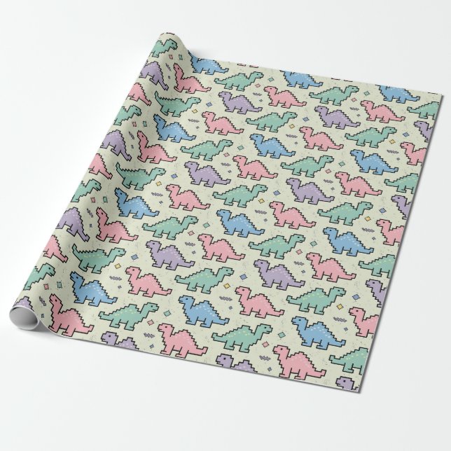 Pastell Arcade Dinosaur Pixel Silhuett Mönster Presentpapper (Utrullad)