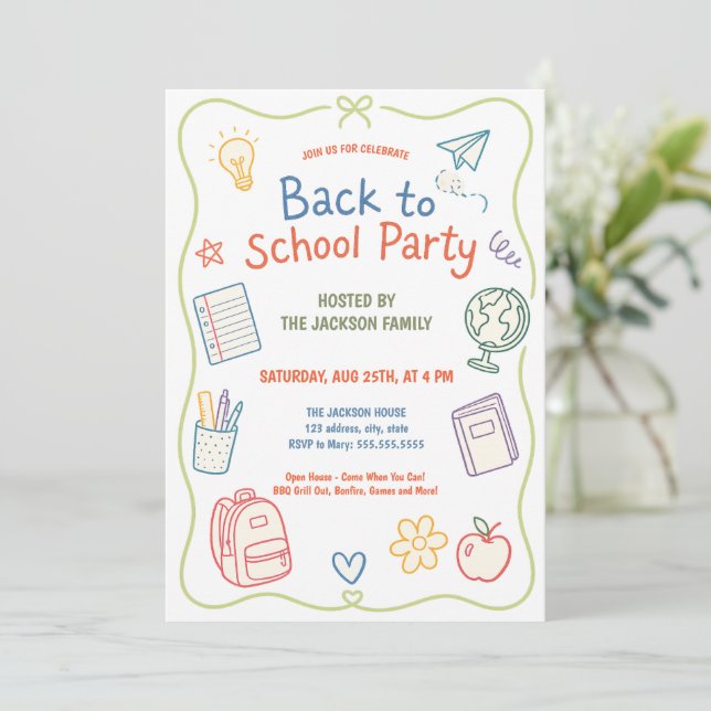 Pastell Åter till Skolans Party Doodle Inbjudningar (Stående Fram)