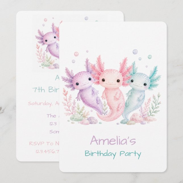 Pastell Axolotl Födelsedagsfest  Inbjudningar (Fram/baksida)