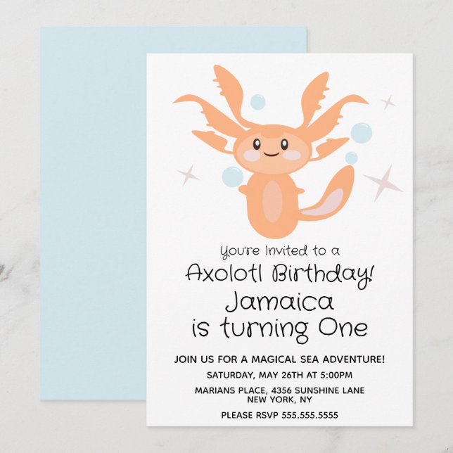 Pastell Axolotl Havsvarelse 1-års Födelsedagsfest  Inbjudningar (Fram/baksida)