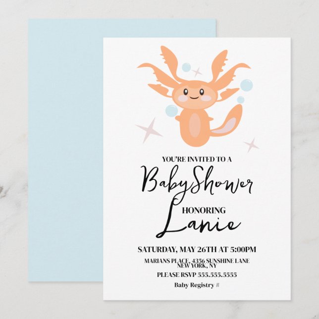 Pastell Axolotl Havsvarelse Baby Shower Inbjudningar (Fram/baksida)