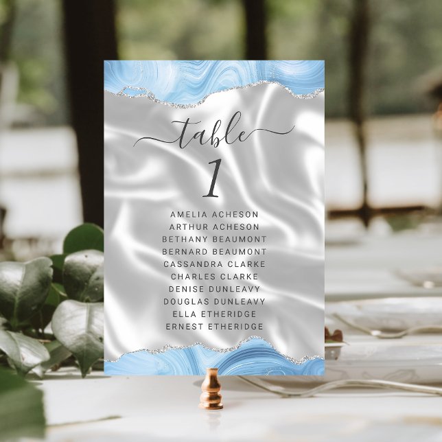 Pastell Babyblå Silver Agat Vit Siden Bröllop Bordsnummer (Skapare uppladdad)