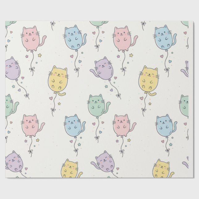 Pastell Ballong Katt Mönster – Söt Minimalistisk B Presentpapper (Platt)