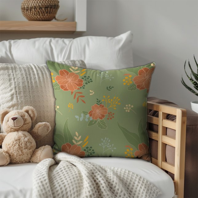 Pastell beige grön mint blomster mönster monogram kudde (Skapare uppladdad)