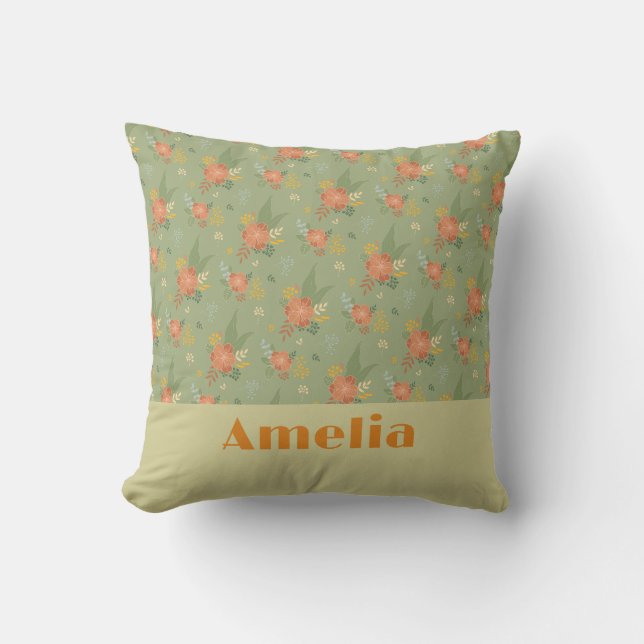 Pastell beige grön mint blomster mönster namn kudde (Framsida)