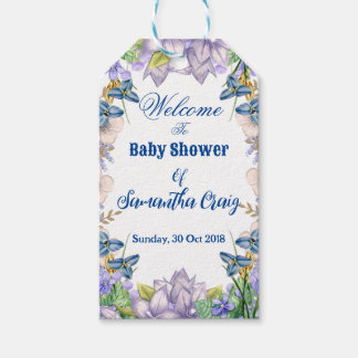Pastell blå blommar lila syren blomster baby showe presentetikett
