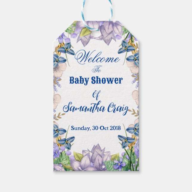 Pastell blå blommar lila syren blomster baby showe presentetikett (Framsidan)