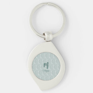 pastell blågrå akvarellmonogramnamn boho ret swirl silverfärgad nyckelring