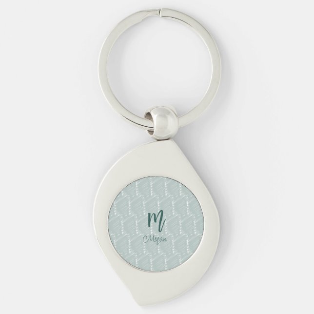 pastell blågrå akvarellmonogramnamn boho ret swirl silverfärgad nyckelring (Framsidan)