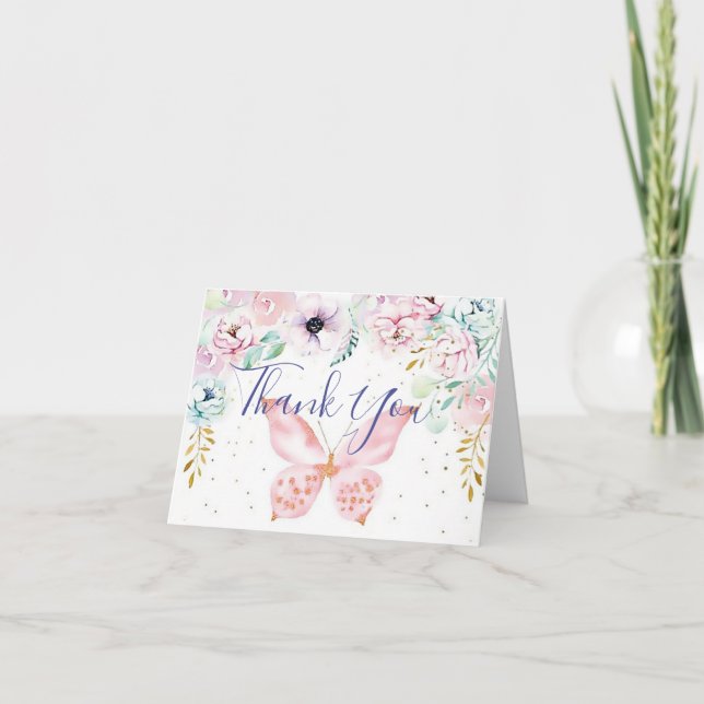 Pastell blom- och fjärilsbaby shower tack kort (Framsida)