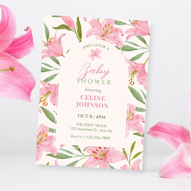 Pastell blommande lilja rosa grön baby shower inbjudningar (Skapare uppladdad)