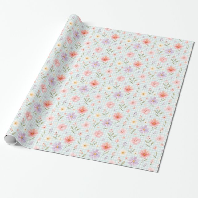 Pastell Blommig Aqua Gingham Vattenfärg Presentpap Presentpapper (Utrullad)