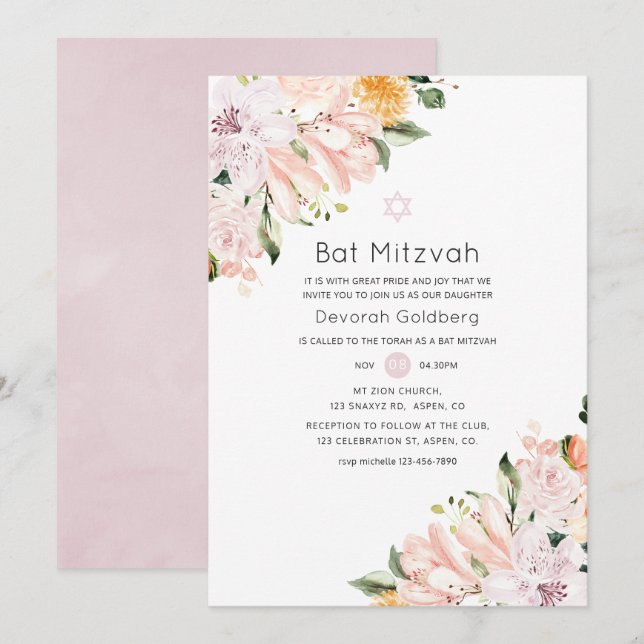Pastell Blommig Bat Mitzvah Inbjudningar (Fram/baksida)