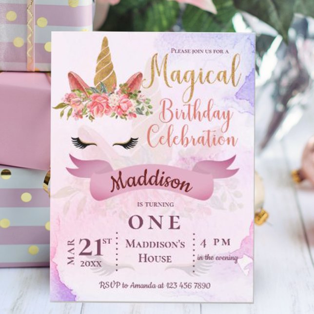 Pastell Blommig Enhörning Födelsedagsfest Inbjudan (Pastel Floral Unicorn Birthday Party Invitation Postcard)