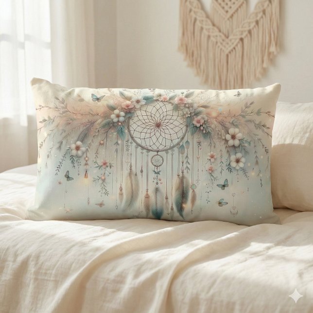 Pastell Blommig Fjäril Drömfångare Lumbarkudde (Pastel Floral Butterfly Dreamcatcher Lumbar Pillow Mockup A)