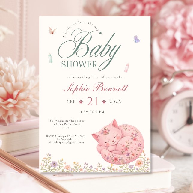 Pastell Blommig Katt Bebis Shower Inbjudan för Fli (Pastel Floral Cat Baby Shower Invitation for Girls)
