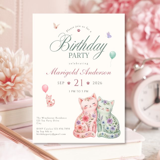 Pastell Blommig Katt Födelsedagsinbjudan för Flick Inbjudningar (Pastel Floral Cat Birthday Invitation for Girls)