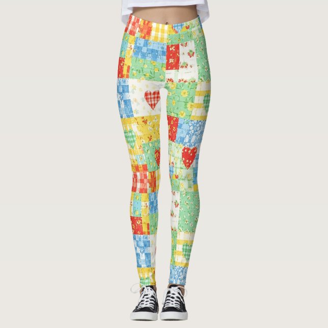 Pastell Blommig Lapptäcke Picknick Mönster Leggings (Framsida)