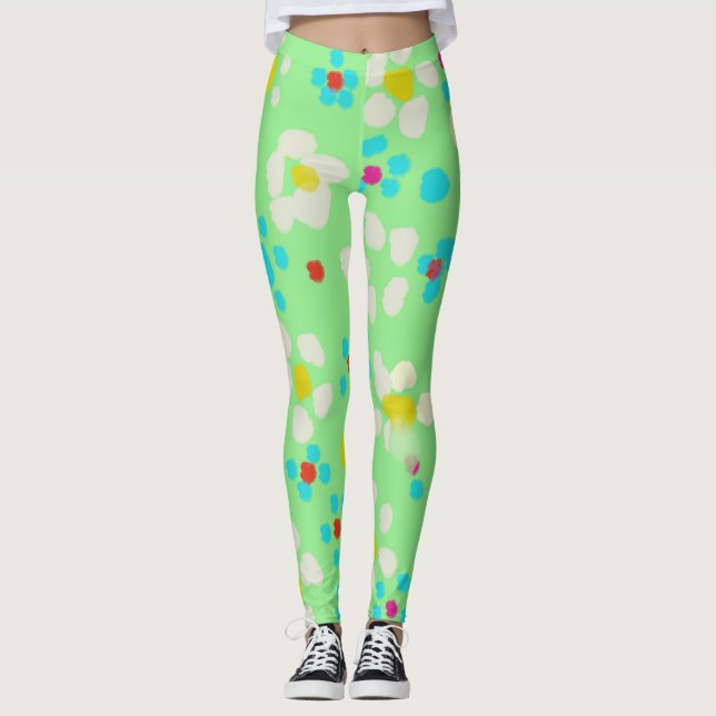 Pastell Blommig och Prickig Mintgrön Leggings (Framsida)