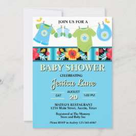 Pastell Blommig och Rutig Pojk Babyshower Inbjudningar