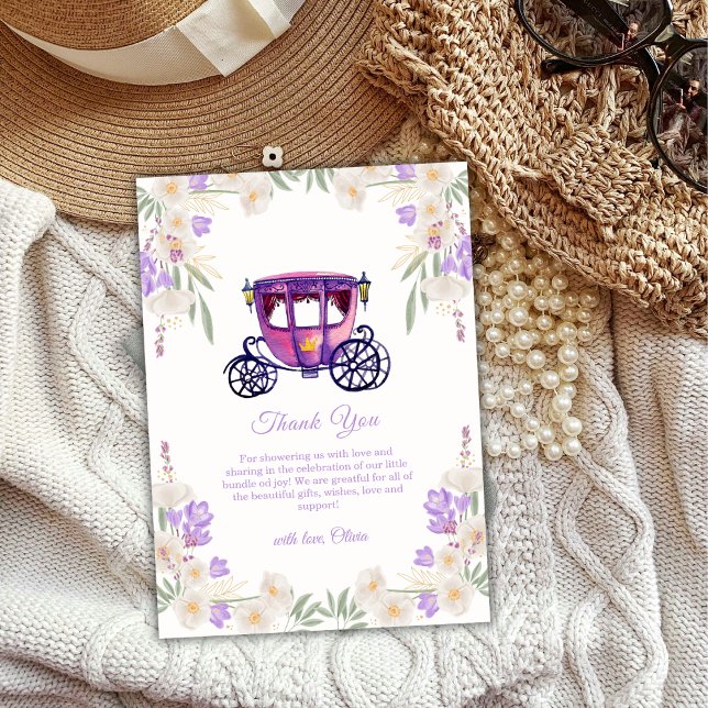 Pastell Blommig Prinsessvagn Flicka Bebisdusch  Tack Kort (Pastel Floral Princess Carriage Girl Baby Shower Thank You Card)