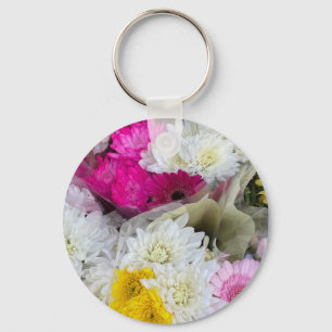 Pastell Blommig Rosa, Gul & Vit Krysantemum Nyckelring