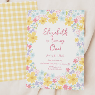 Pastell Blommiga Vildblommor 1-års Födelsedag Inbjudningar