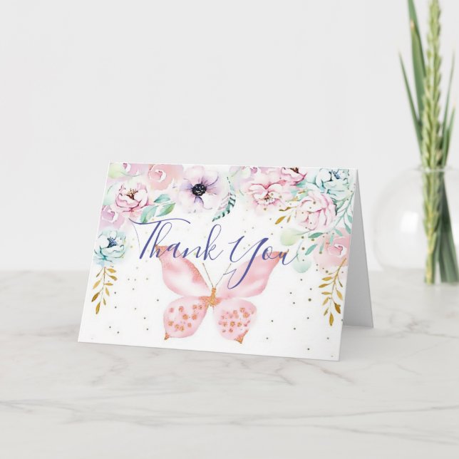 Pastell blomster- och fjärilsbaby shower tack kort (Framsida)