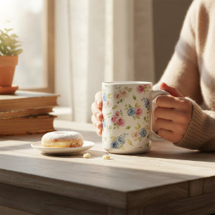 Pastell blomstermönster Blå Rosa Rosor Akvarell F Kaffemugg