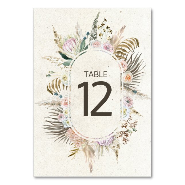 Pastell Boho Neutral Blommig Bröllops Bordnummer Bordsnummer (Framsidan)