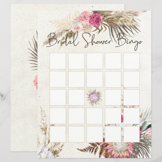 Pastell Boho Neutral Blommig Bröllopsdusch Bingo (Fram/baksida)