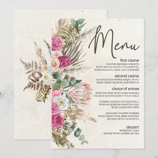Pastell Boho Neutral Blommig Bröllopsmeny Meny (Fram/baksida)