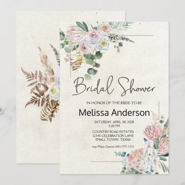 Pastell Boho Neutral Blommig Elegant Bröllopsdusch (Fram/baksida)