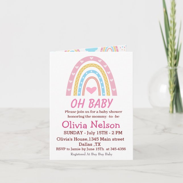 Pastell Boho Regnbåge Med Hjärtan  Oh Baby Shower  Inbjudan (Framsida)