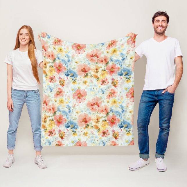 Pastell Botanisk Kastrull – Vattenfärg Blommig Mys Fleecefilt (På plats)