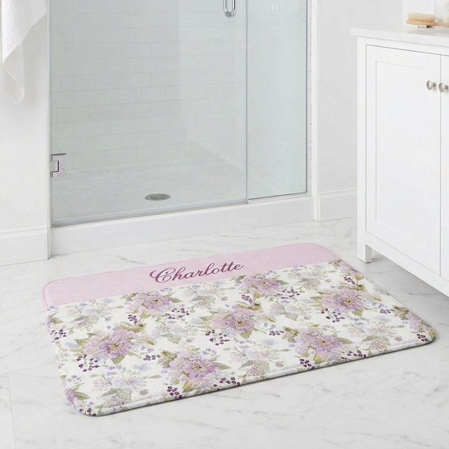Pastell Botanisk Vildblomma Anpassad Monogram Badrumsmatta (Pink Purple Watercolor Wildflowers Monogram Bath Mat)