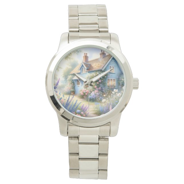 Pastell Cottage Garden Blå Hus Blommig Scen Armbandsur (Framsida)