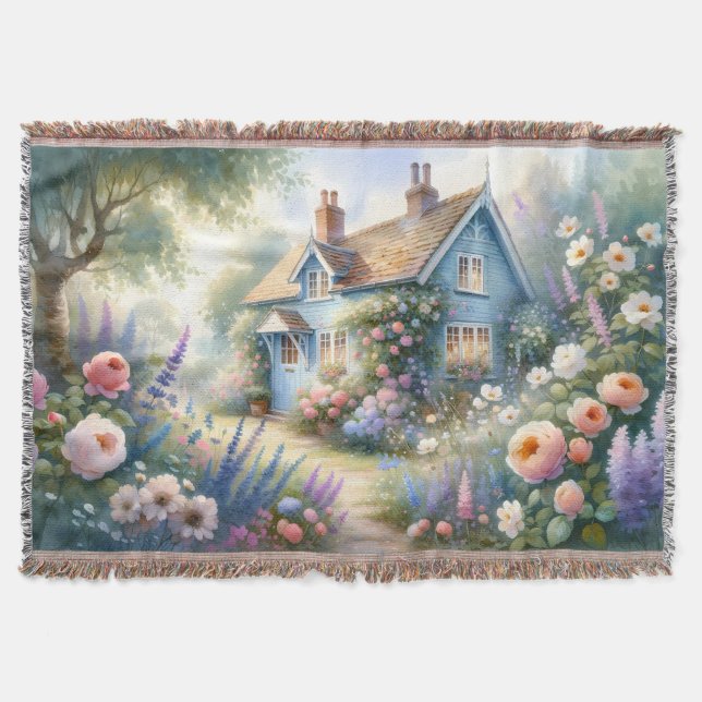 Pastell Cottage Garden Blå Hus Blommig Scen Filt (Framsidan)