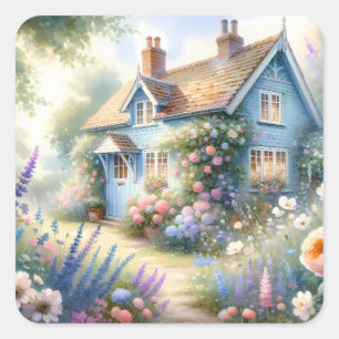 Pastell Cottage Garden Blå Hus Blommig Scen Fyrkantigt Klistermärke