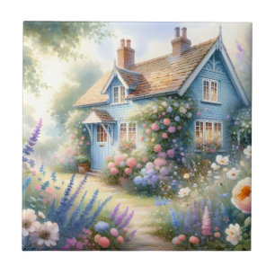 Pastell Cottage Garden Blå Hus Blommig Scen Kakelplatta