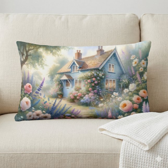 Pastell Cottage Garden Blå Hus Blommig Scen Lumbarkudde (Pastel Cottage Garden Blue House Floral Scene Lumbar Pillow On Sofa)