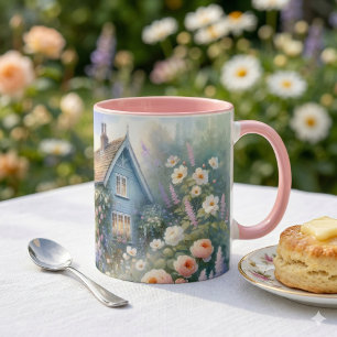 Pastell Cottage Garden Blå Hus Blommig Scen Mugg