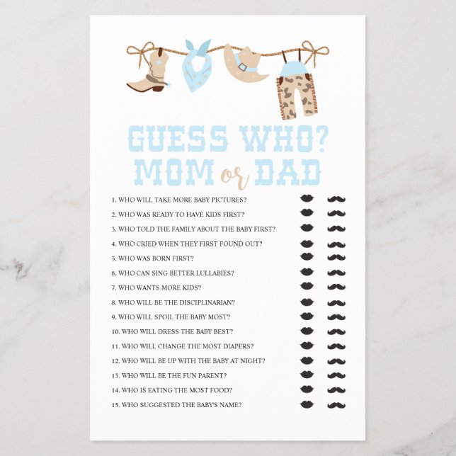 Pastell Cowboy Baby Shower-spel Flygblad (Baksidan)