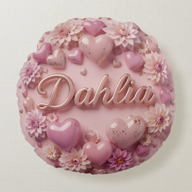 Pastell Dahlia Blomsterkonst med Hjärtan Rund Kudde (Framsidan)