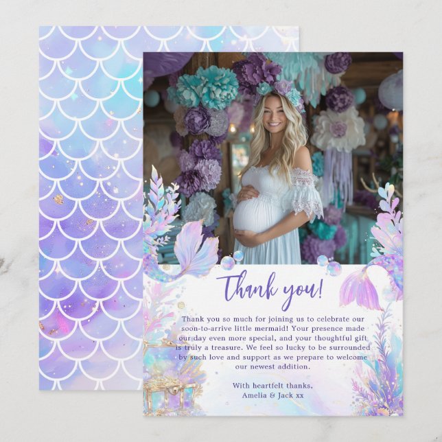 Pastell Den lilla sjöjungfrun Baby Shower Tacksamh Inbjudningar (Fram/baksida)